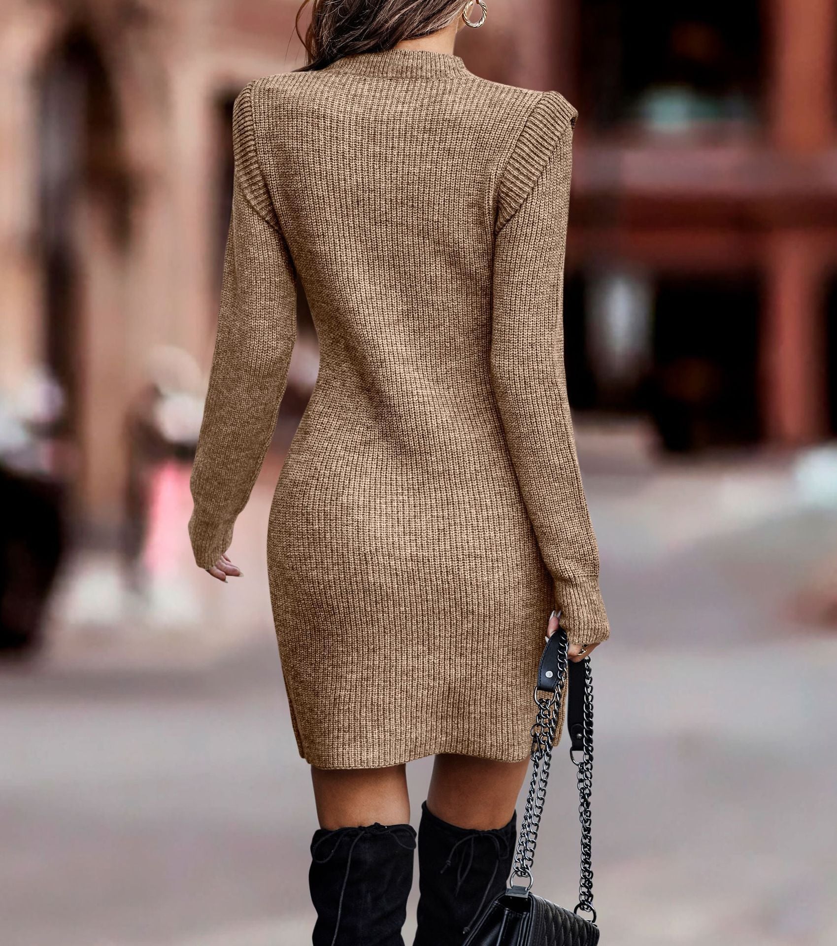 Solid Color Round Neck Long Sleeve Sexy Dress Sweater