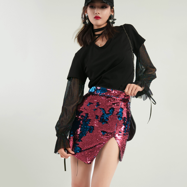Summer Holographic Iridescent Sequin Split Skirt