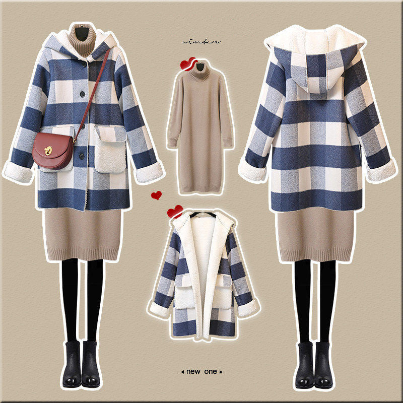 Check coat sweater dress