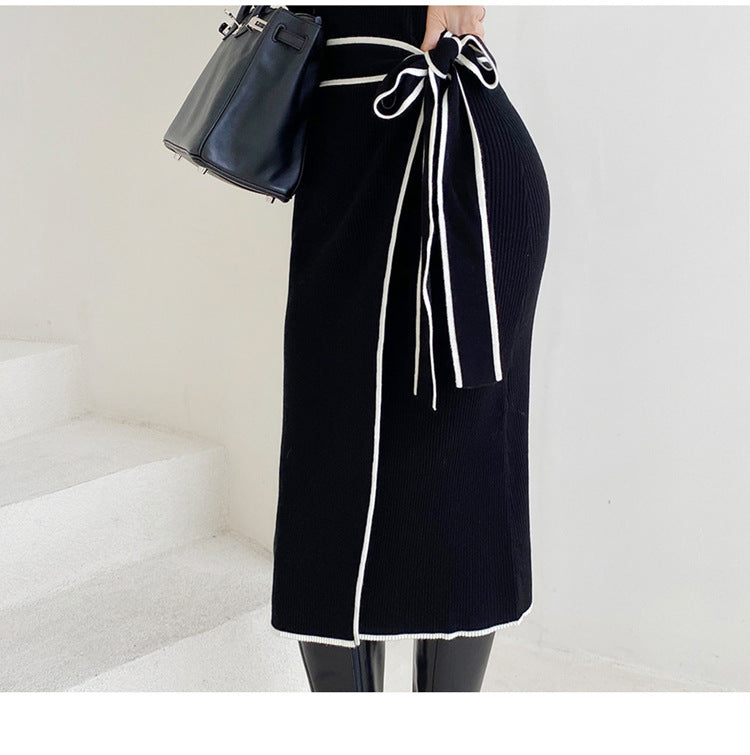 Lace-up Slip-shoulder Knitted Sweater Dress