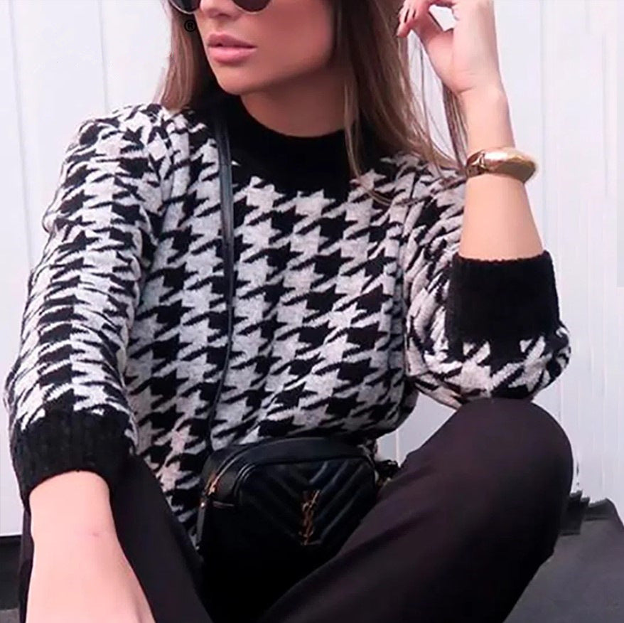 Houndstooth knit casual retro pullover sweater