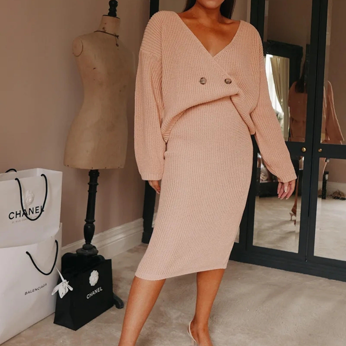 Solid color deep V-Neck Sweater Dress