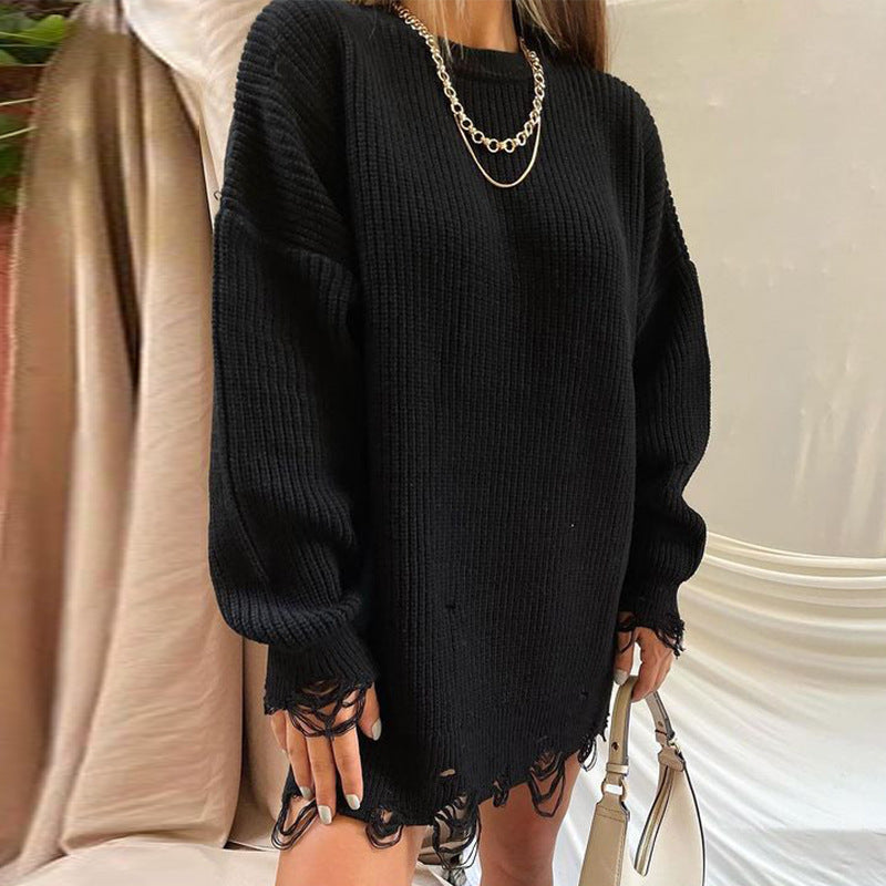 Loose Solid Color Ripped Sweater Mid-length