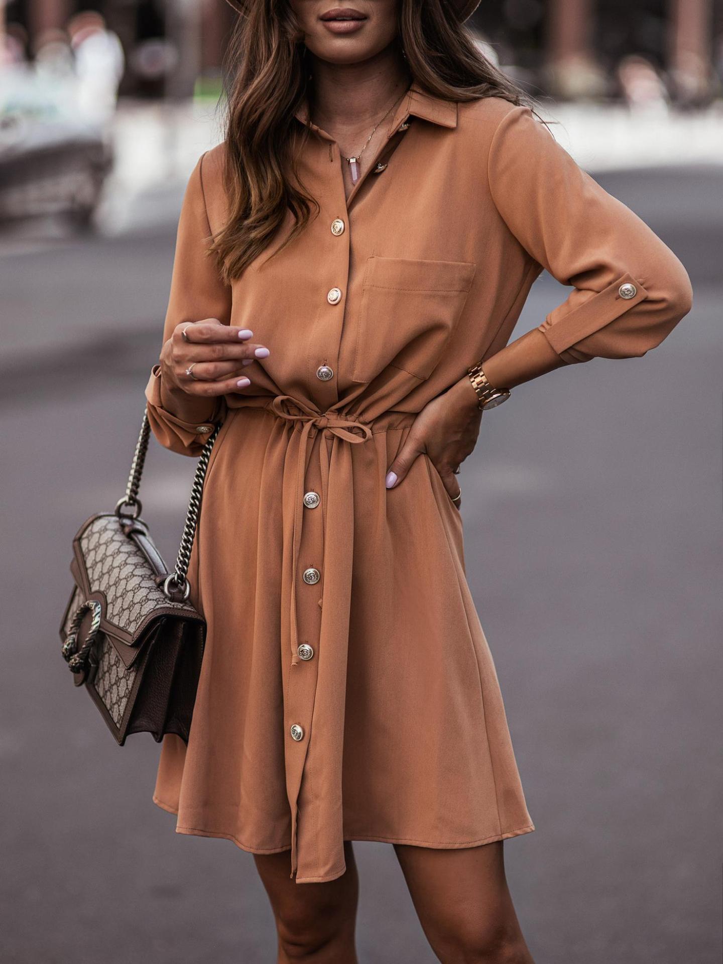 Solid Color Waist Belt With Buttons And Sleeves Dress