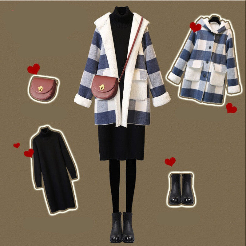 Check coat sweater dress