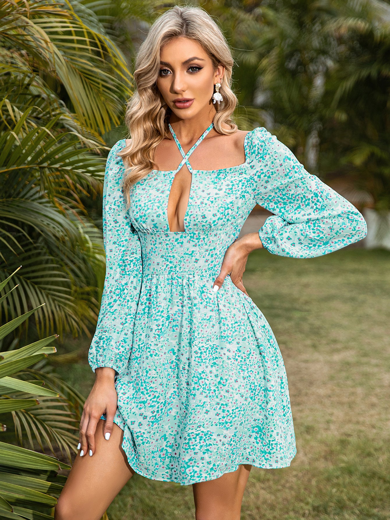 Blue Women's Halter Long Sleeve Dress