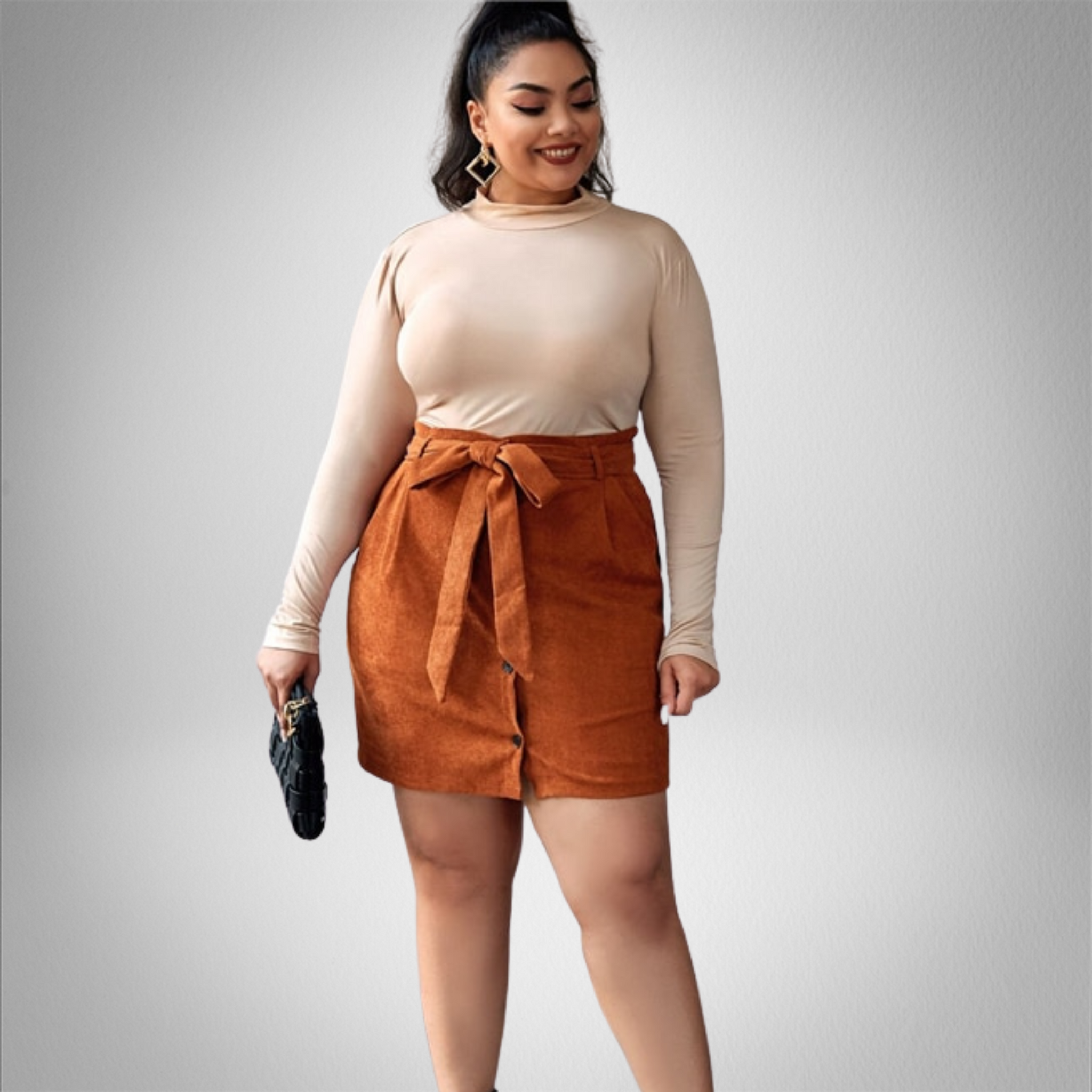 Plus Size Ginger Solid Belted Button Skirt