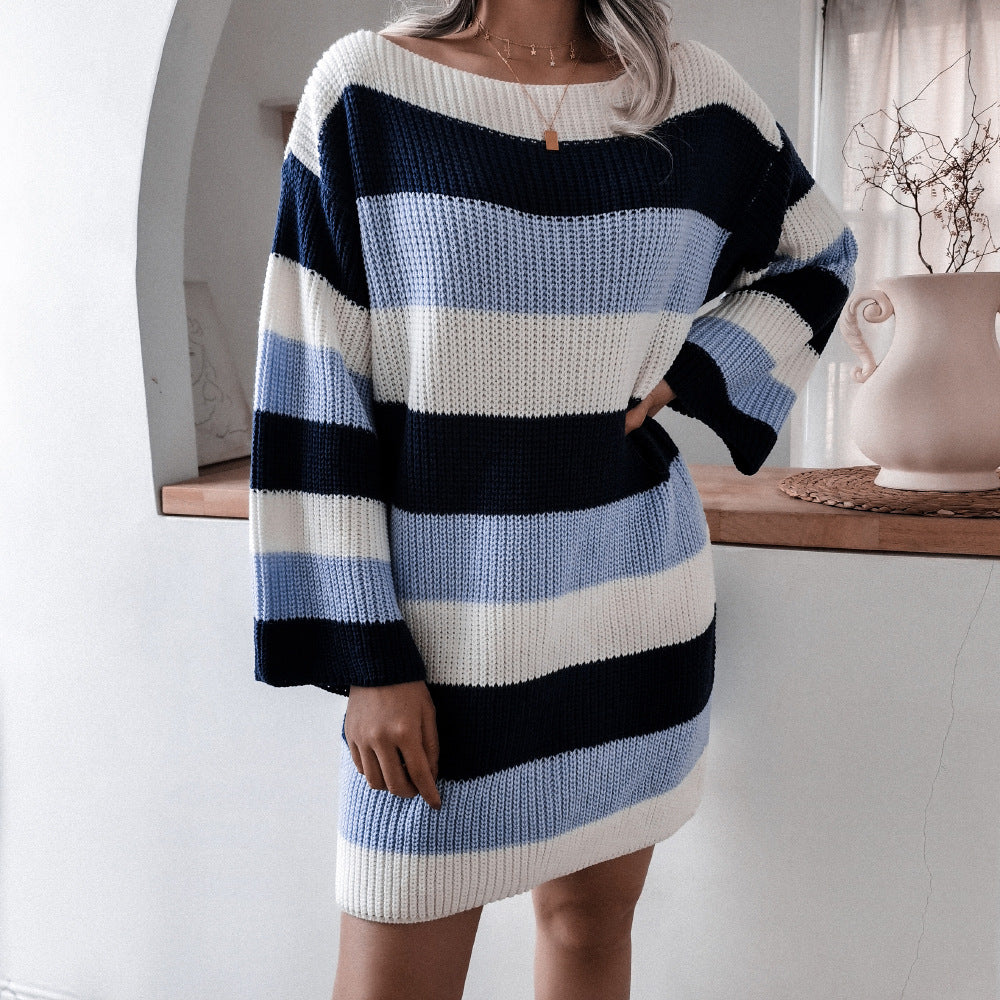 One-neck Off-shoulder Loose Contrast Striped Knitted Sweater Dress