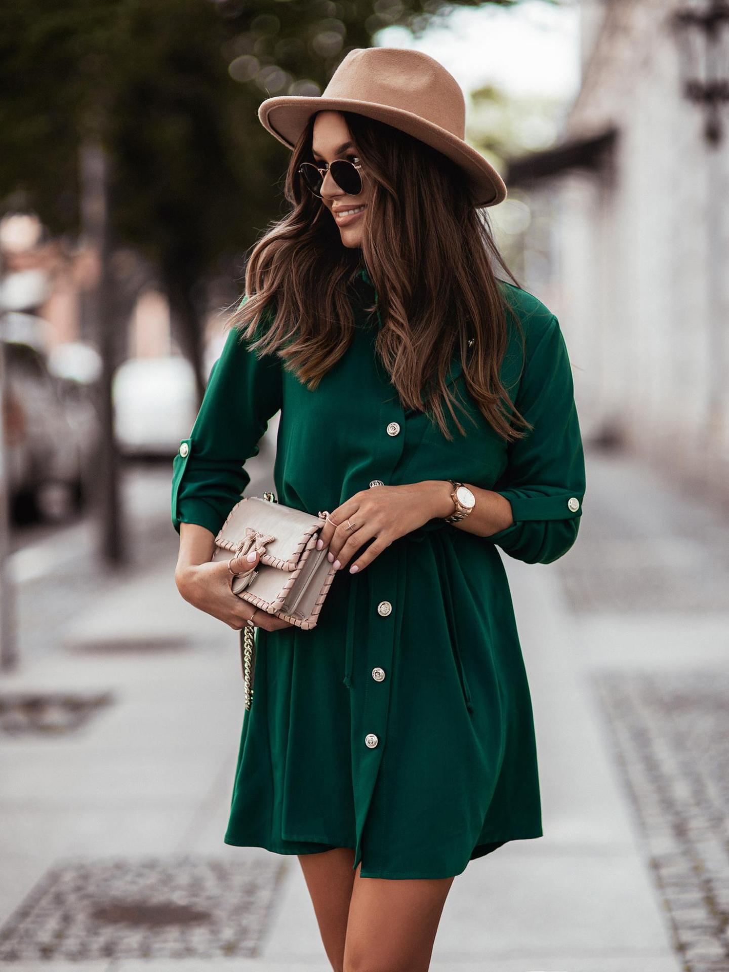 Solid Color Waist Belt With Buttons And Sleeves Dress