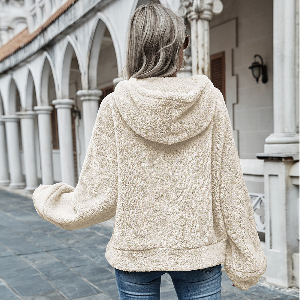 Hooded Solid Color Plush Loose Sweater Women  Sweater