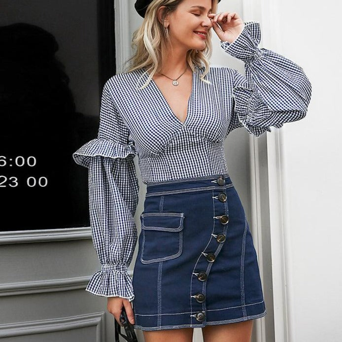 Sexy V Neck Plaid Ruffles Blouse