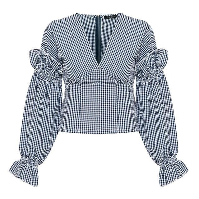 Sexy V Neck Plaid Ruffles Blouse