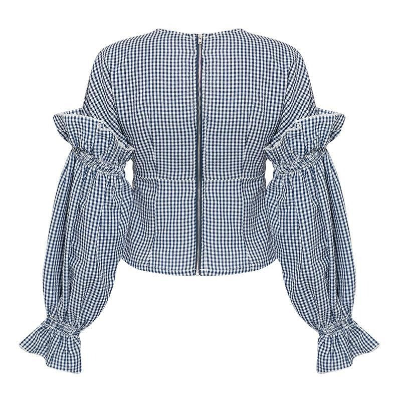 Sexy V Neck Plaid Ruffles Blouse