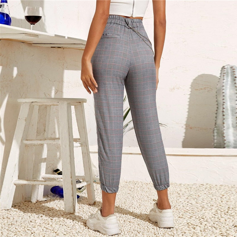 Plaid Buttoned Zipper Fly Trousers