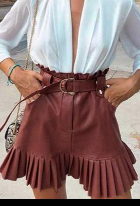 Ruffled High Waist PU Leather Skirt