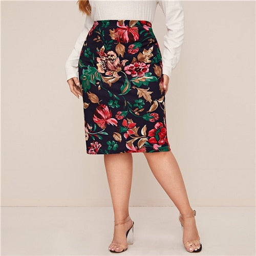 Plus Size Multicolor Floral Print Pencil Skirt