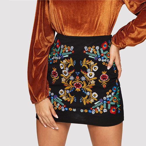 Black Botanical Embroidered Textured Skirt