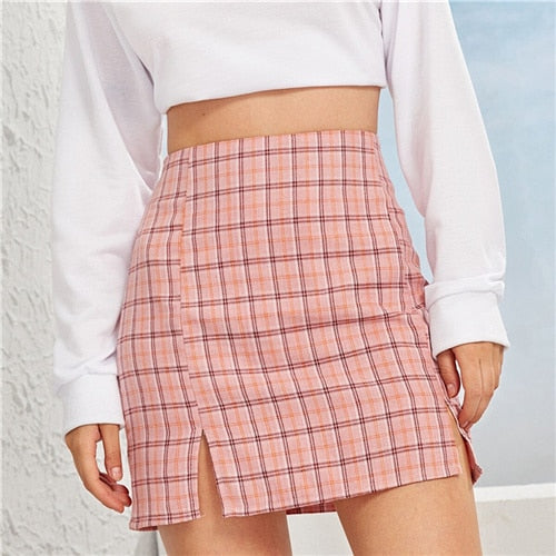 Plaid Side Slit Bodycon Mini Skirt