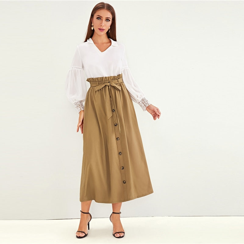 Paperbag Waist Button Front Casual Skirt With Belt