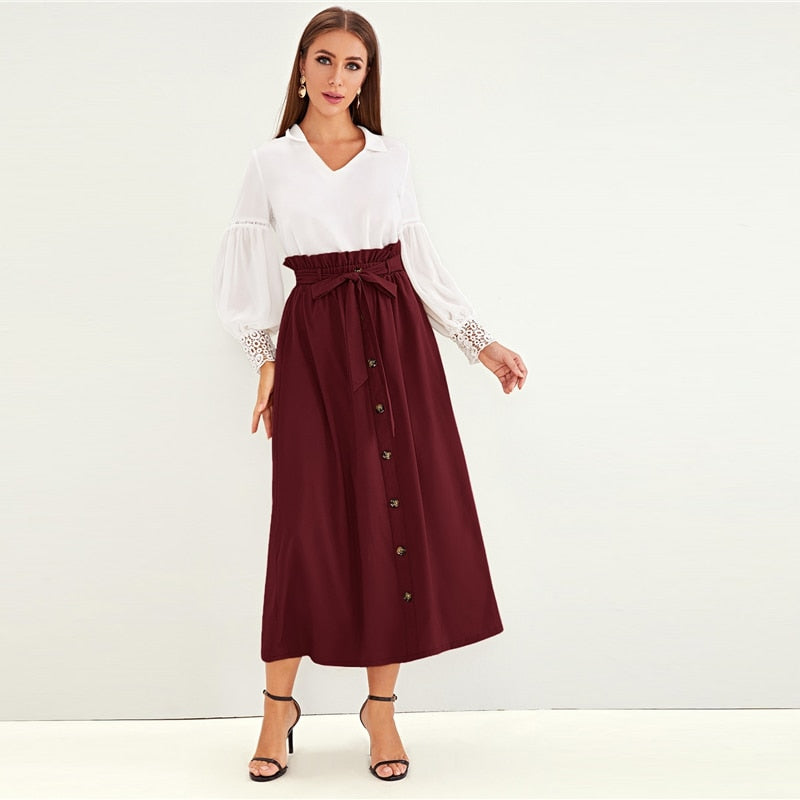 Paperbag Waist Button Front Casual Skirt With Belt