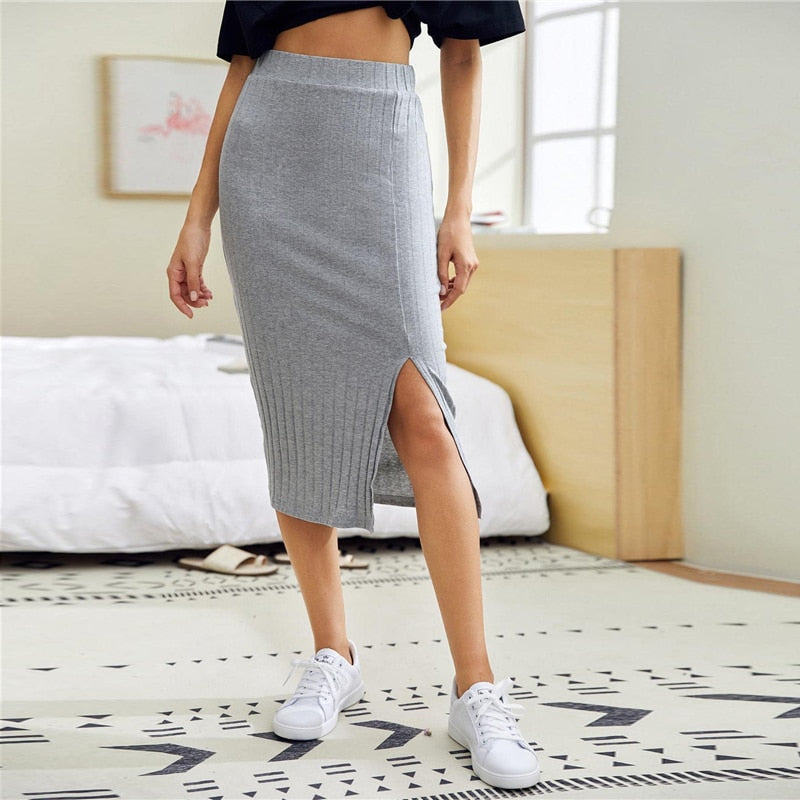 Grey Slit Hem Rib-knit Pencil Skirt