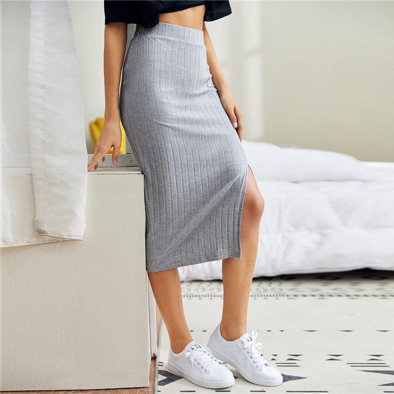 Grey Slit Hem Rib-knit Pencil Skirt